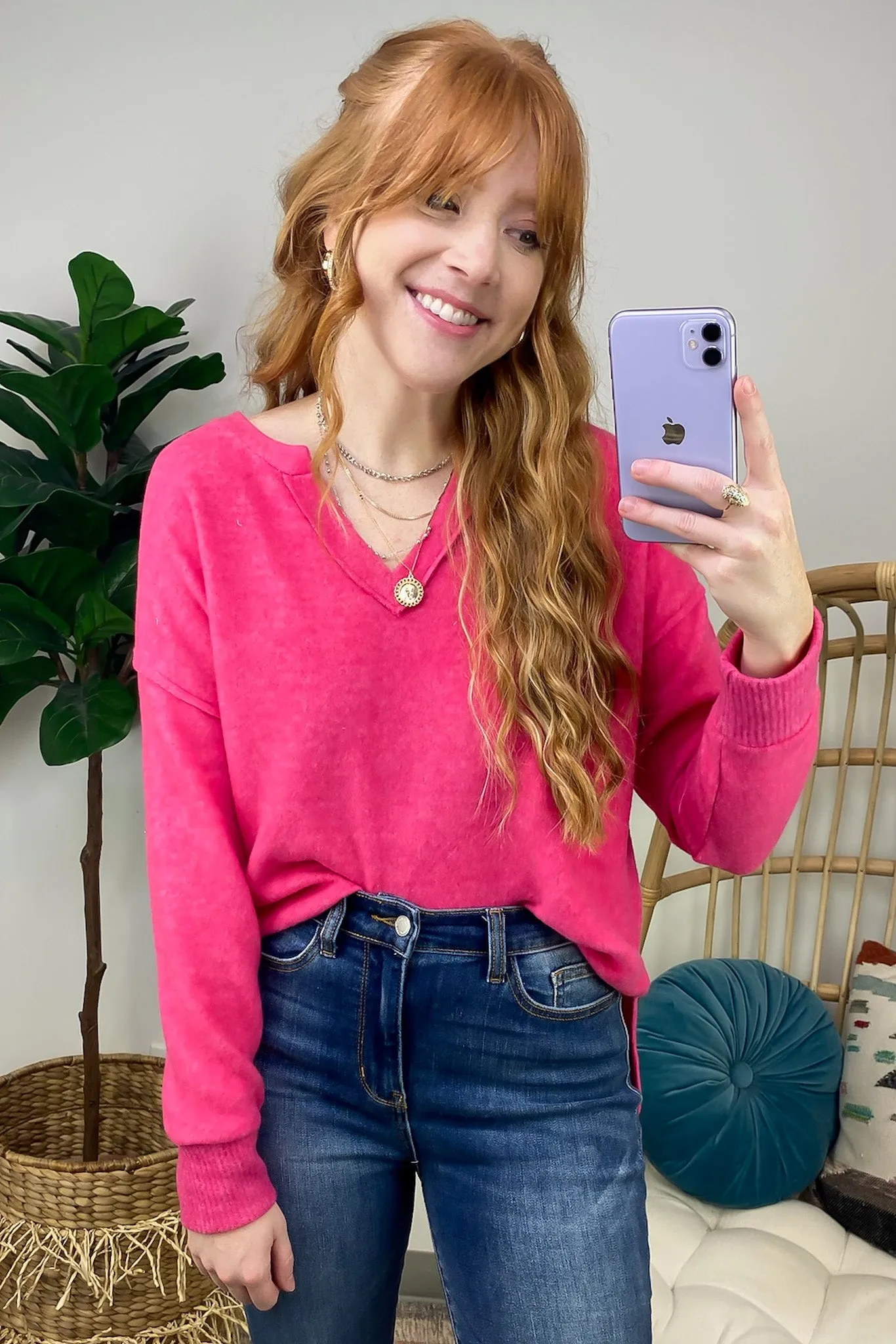Elvy Long Sleeve Split V-Neck Brushed Knit Top