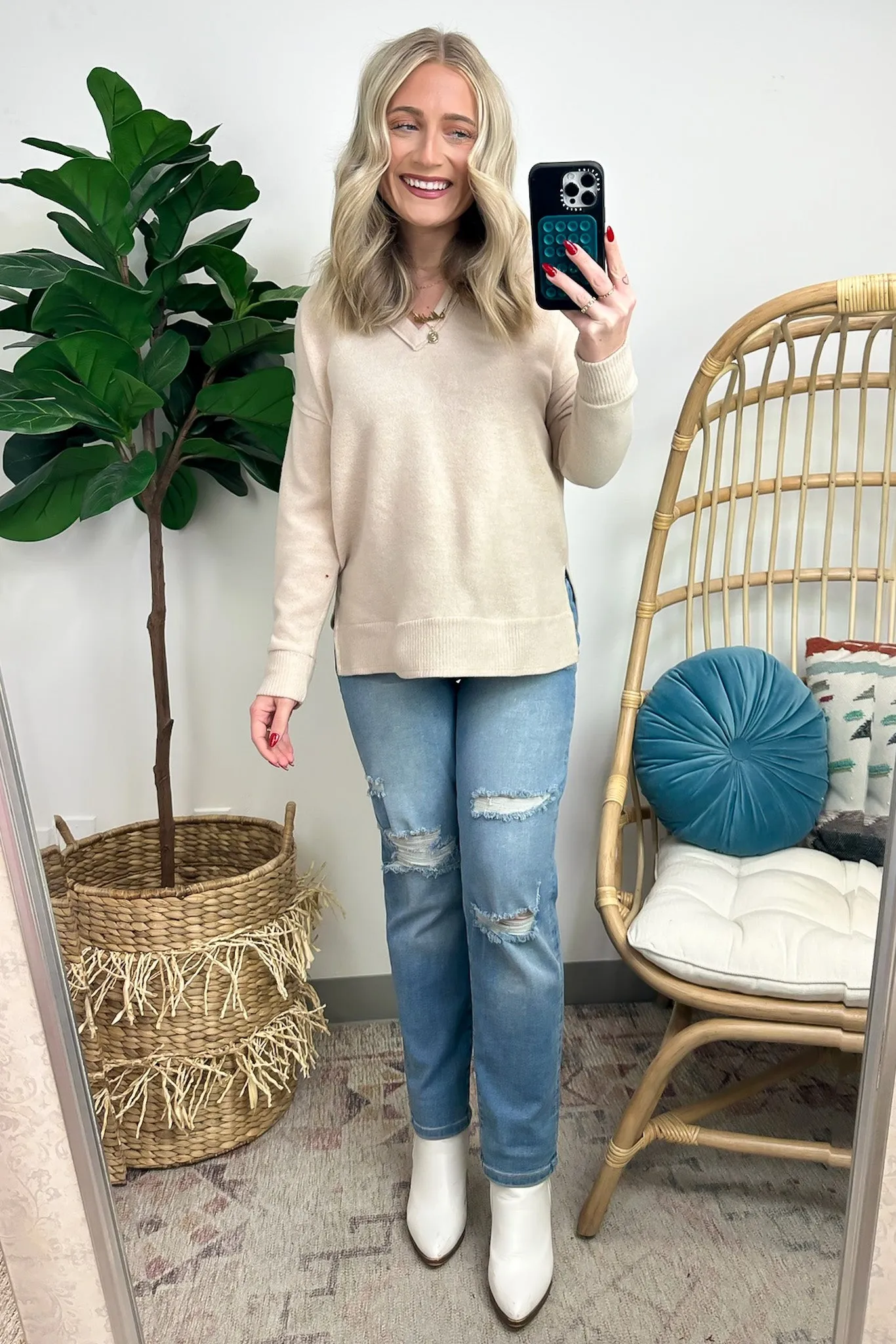 Elvy Long Sleeve Split V-Neck Brushed Knit Top