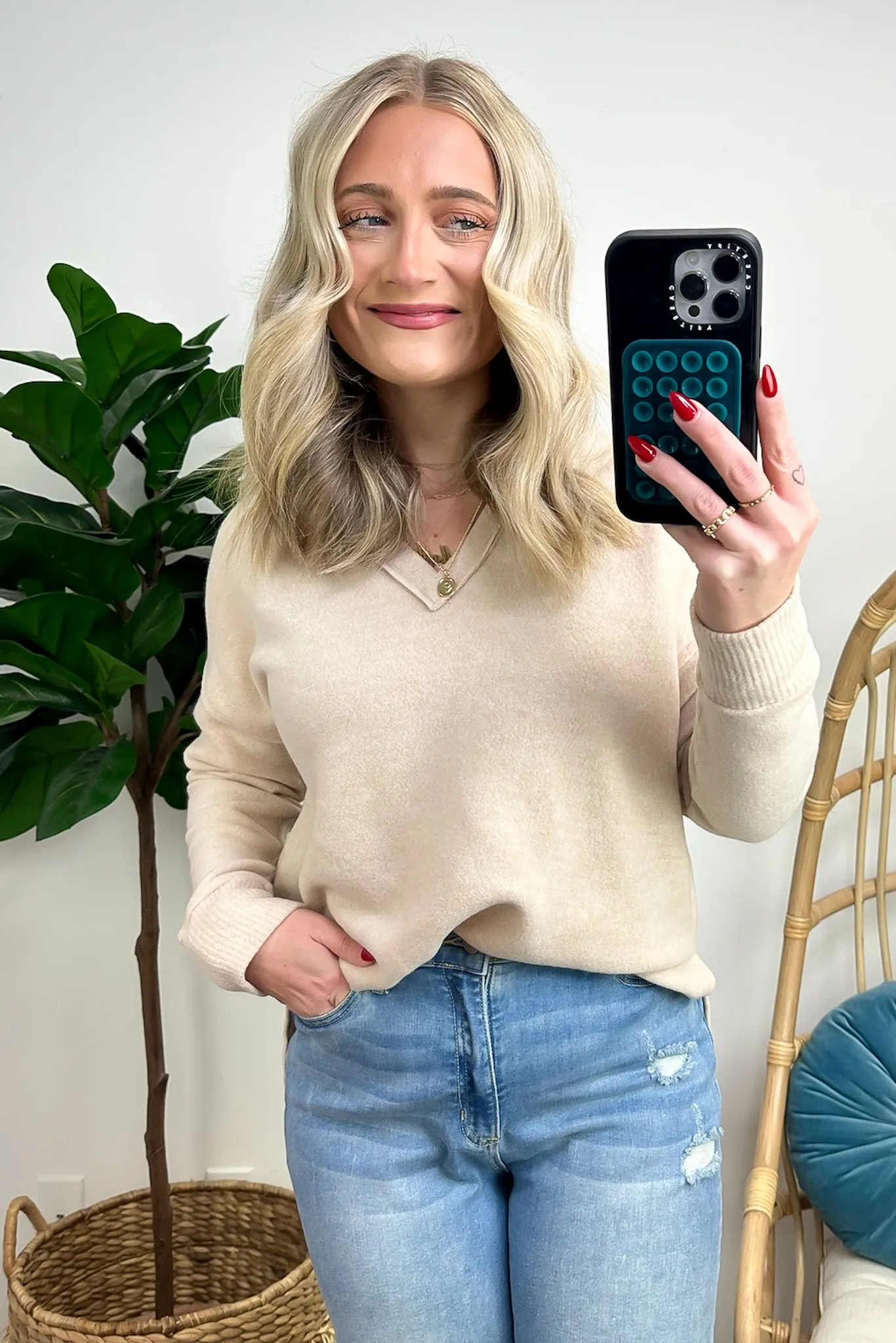 Elvy Long Sleeve Split V-Neck Brushed Knit Top