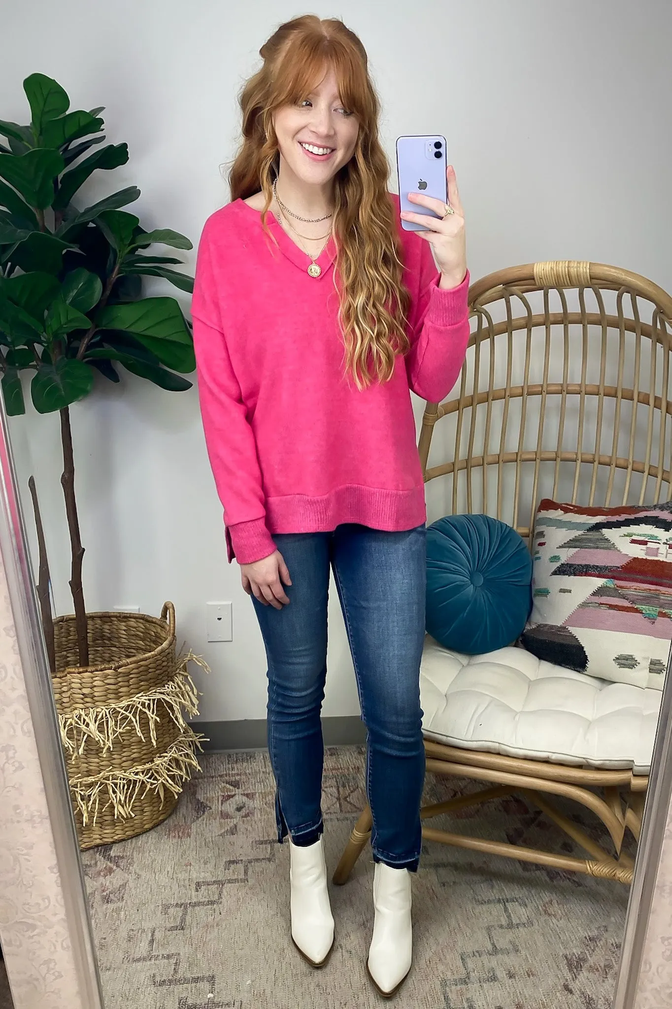 Elvy Long Sleeve Split V-Neck Brushed Knit Top