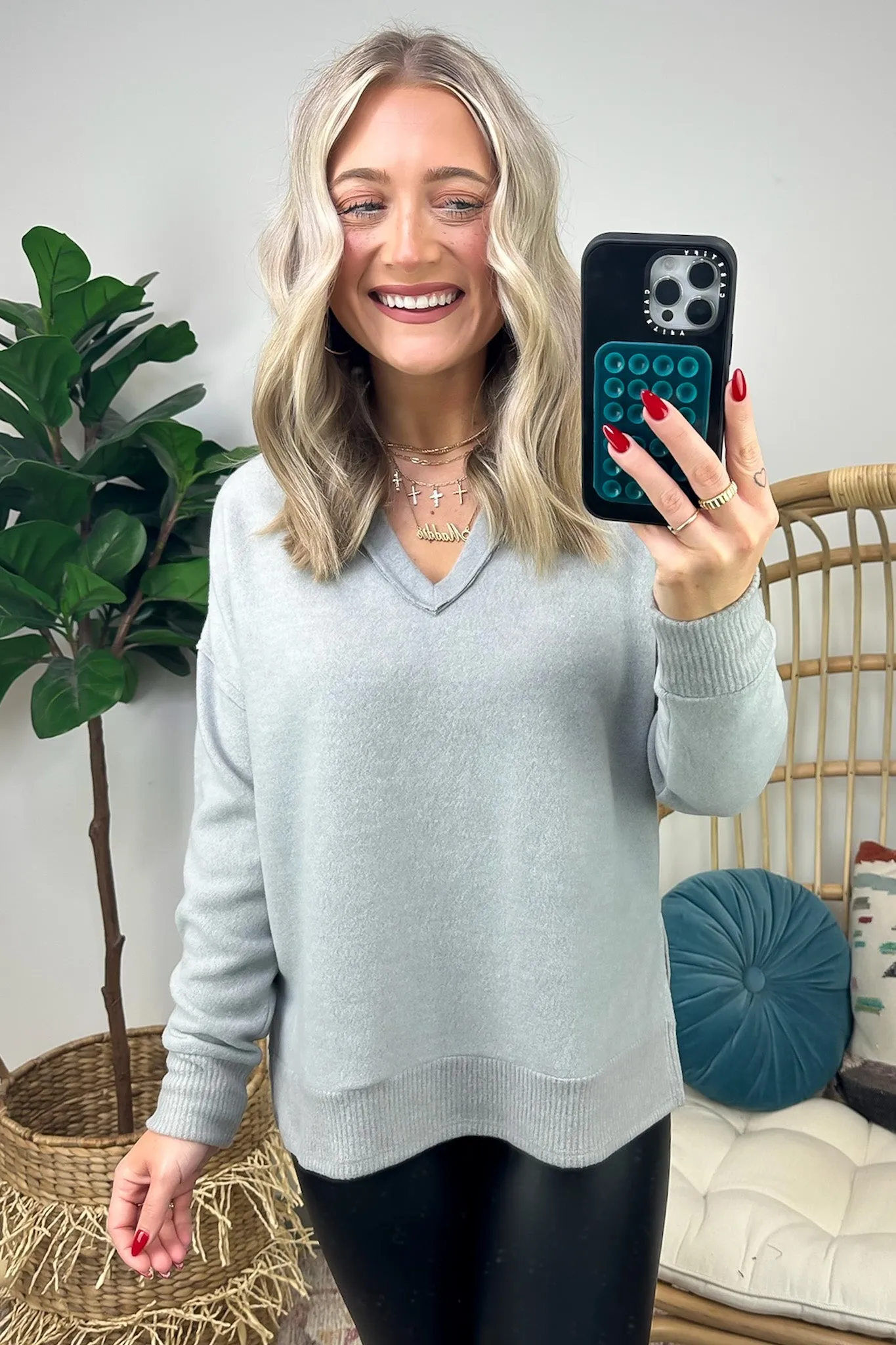 Elvy Long Sleeve Split V-Neck Brushed Knit Top