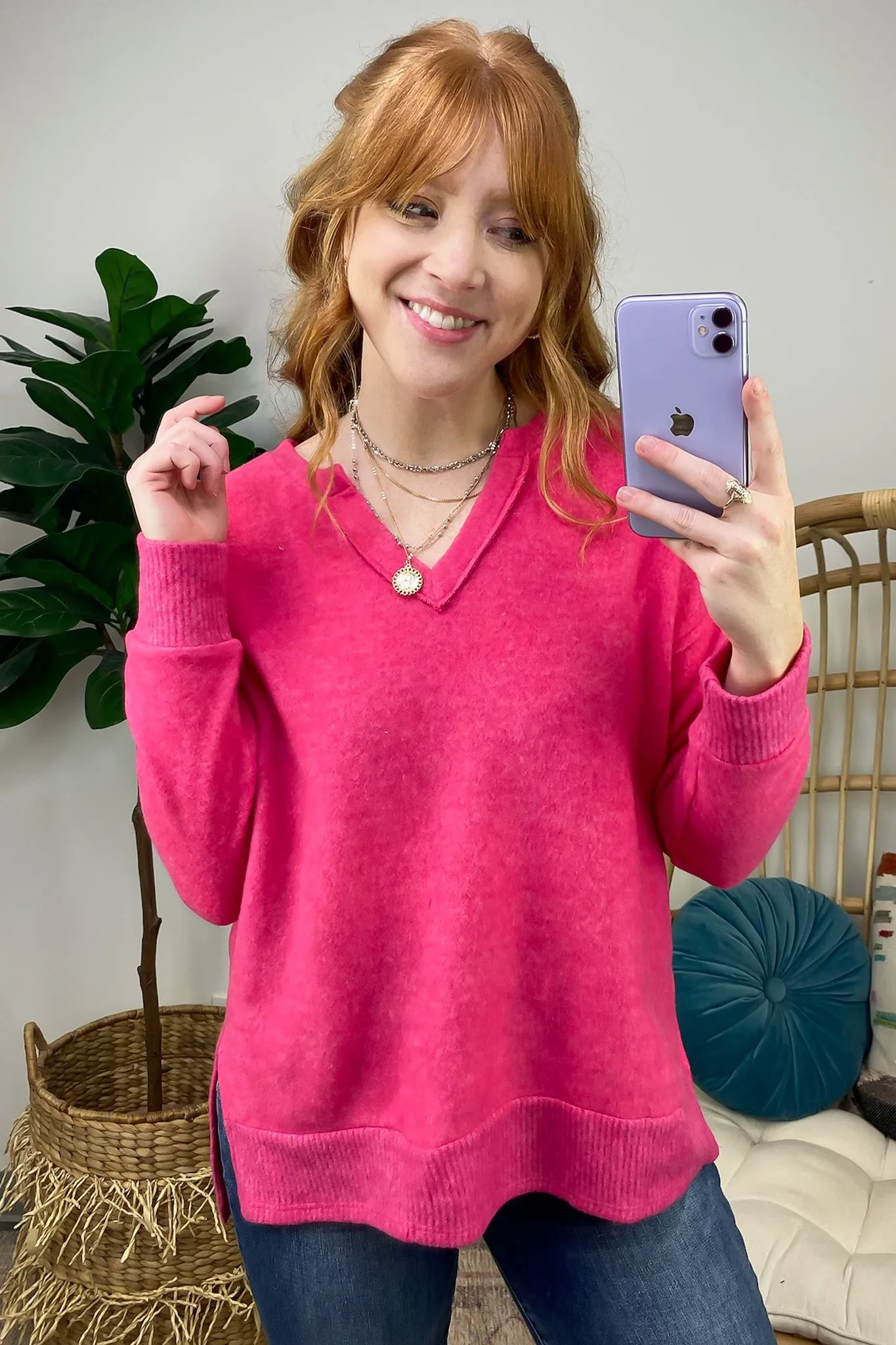 Elvy Long Sleeve Split V-Neck Brushed Knit Top
