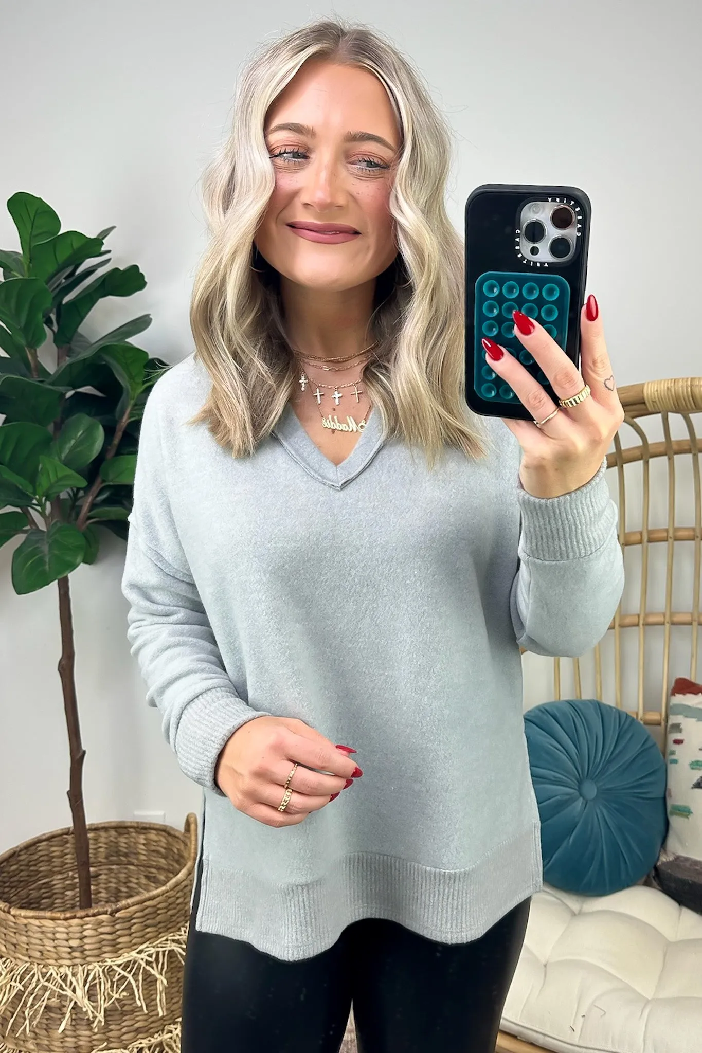 Elvy Long Sleeve Split V-Neck Brushed Knit Top