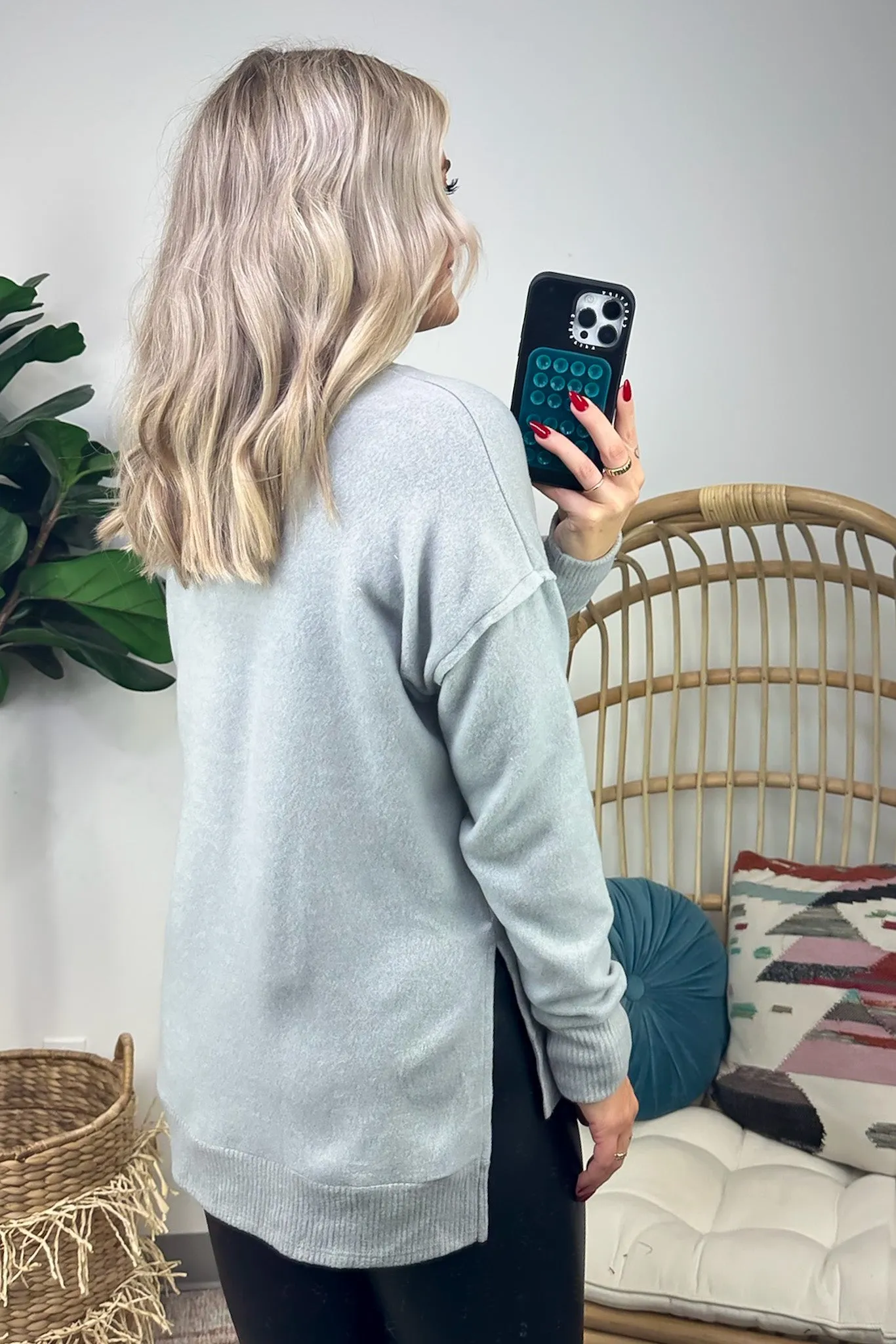 Elvy Long Sleeve Split V-Neck Brushed Knit Top