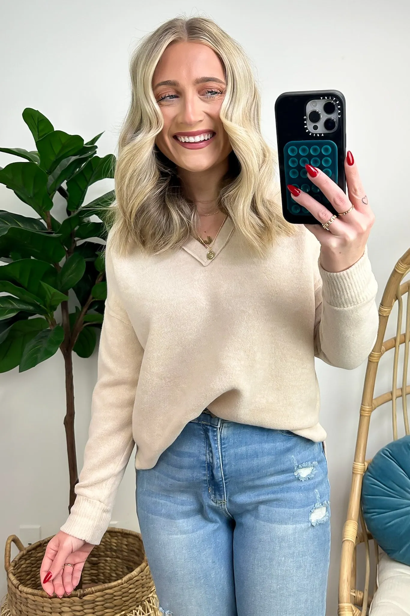 Elvy Long Sleeve Split V-Neck Brushed Knit Top
