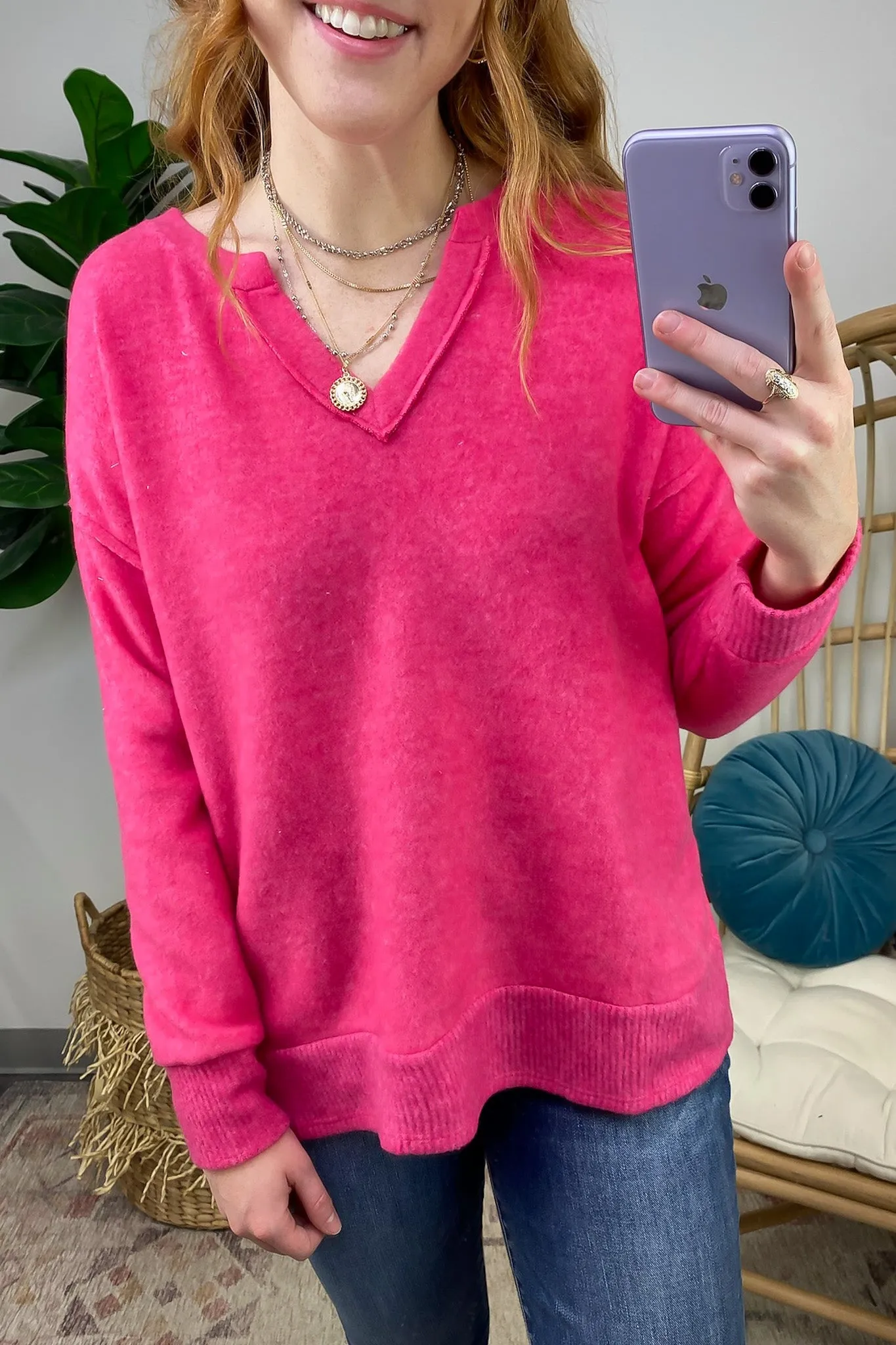 Elvy Long Sleeve Split V-Neck Brushed Knit Top