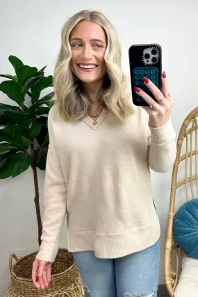 Elvy Long Sleeve Split V-Neck Brushed Knit Top