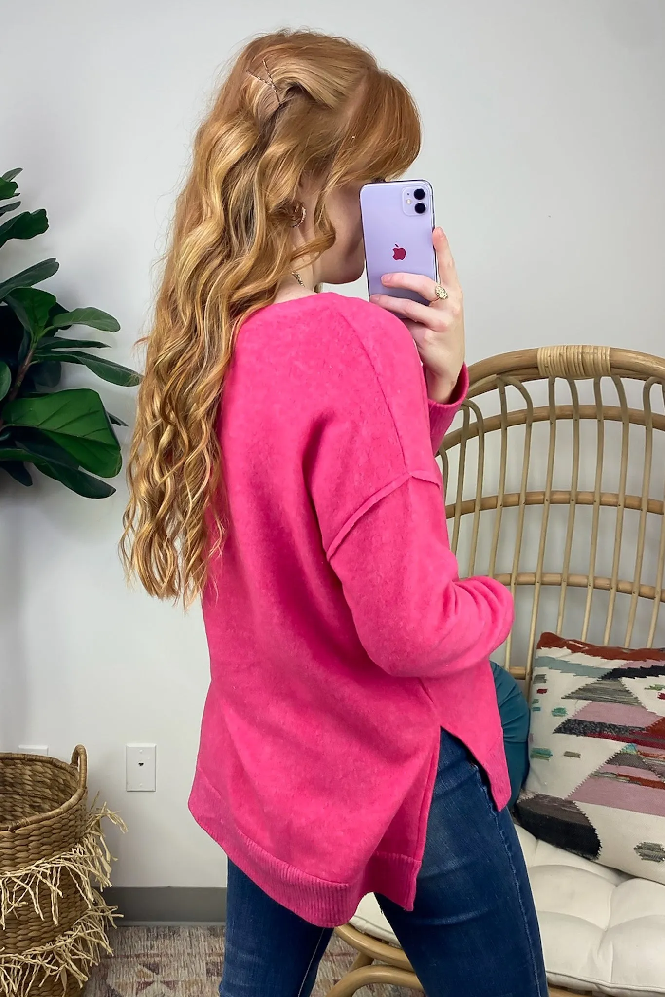 Elvy Long Sleeve Split V-Neck Brushed Knit Top