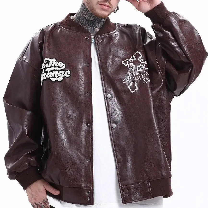 Embroidery Baseball Jacket PU Leather