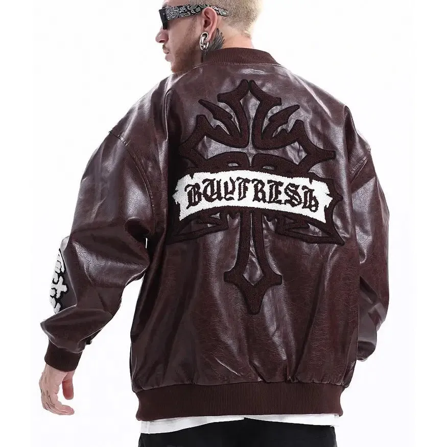 Embroidery Baseball Jacket PU Leather