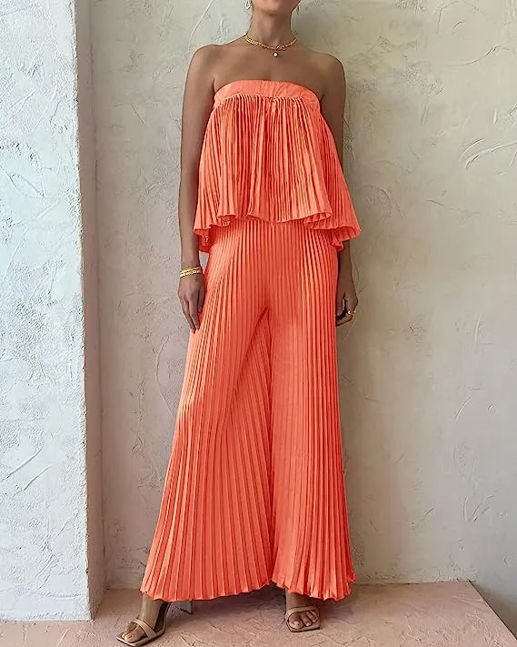 Exclusive Hunter Green Pleated Strapless Wide Leg Jumpsuit