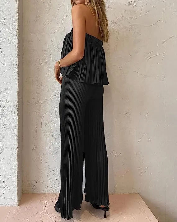 Exclusive Hunter Green Pleated Strapless Wide Leg Jumpsuit