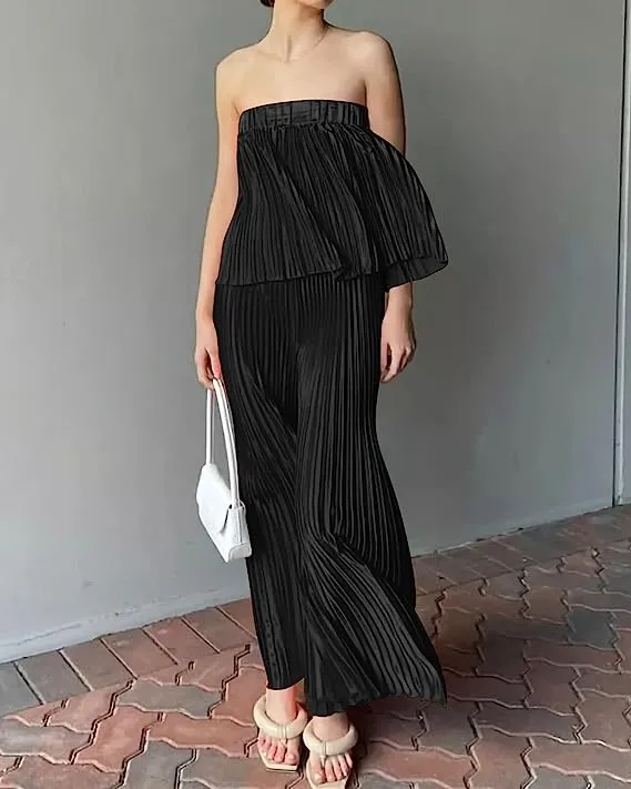 Exclusive Hunter Green Pleated Strapless Wide Leg Jumpsuit