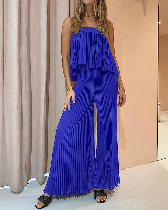 Exclusive Hunter Green Pleated Strapless Wide Leg Jumpsuit