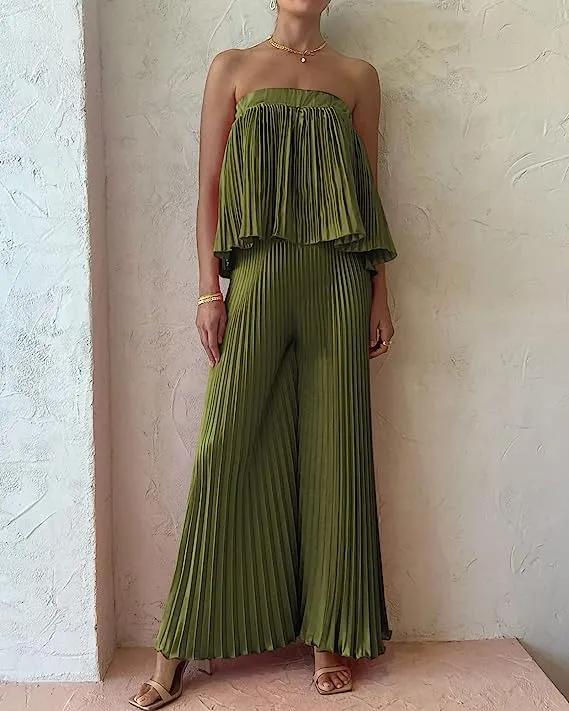 Exclusive Hunter Green Pleated Strapless Wide Leg Jumpsuit