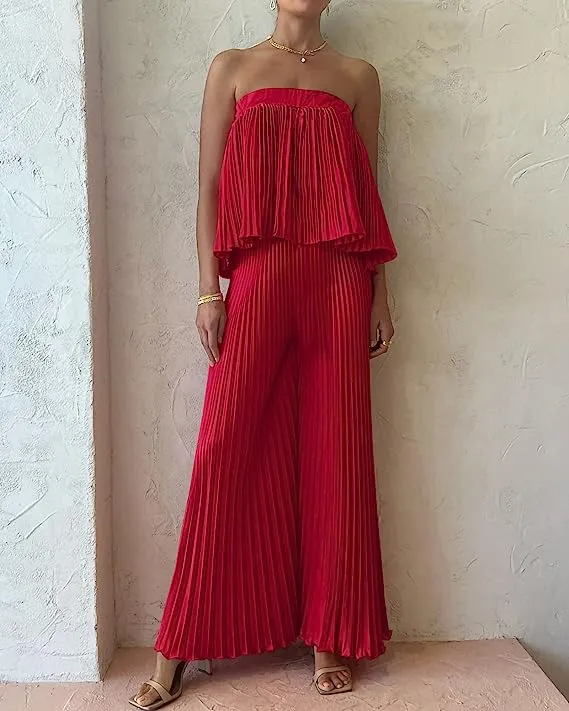 Exclusive Hunter Green Pleated Strapless Wide Leg Jumpsuit