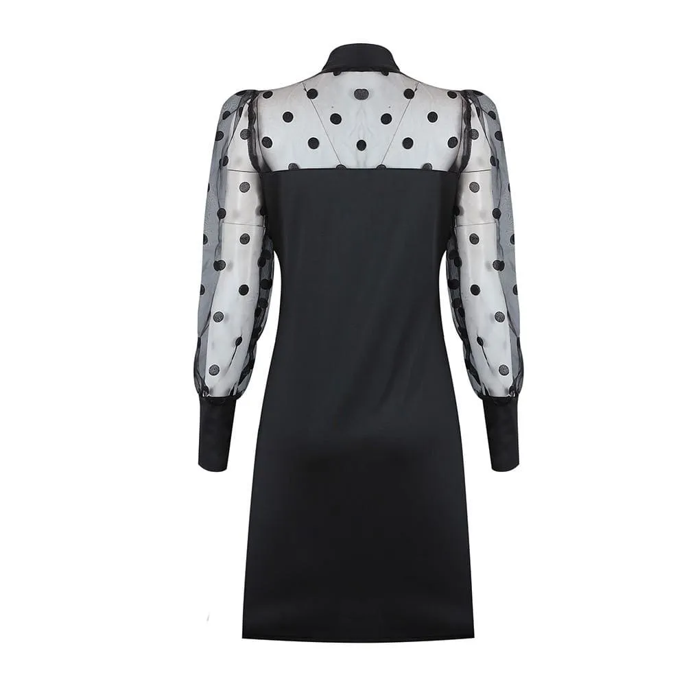 FashionSierra - Women Mesh Puff Polka Dot Long Sleeve Ribbed Dress Autumn Casual Ladies High Neck Bodycon Party Mini Dresses