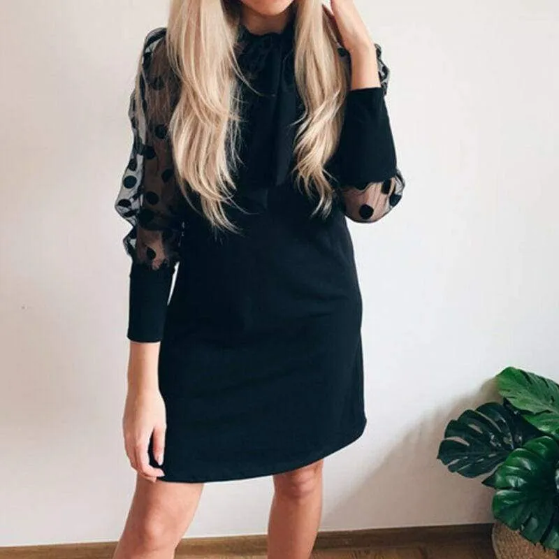 FashionSierra - Women Mesh Puff Polka Dot Long Sleeve Ribbed Dress Autumn Casual Ladies High Neck Bodycon Party Mini Dresses