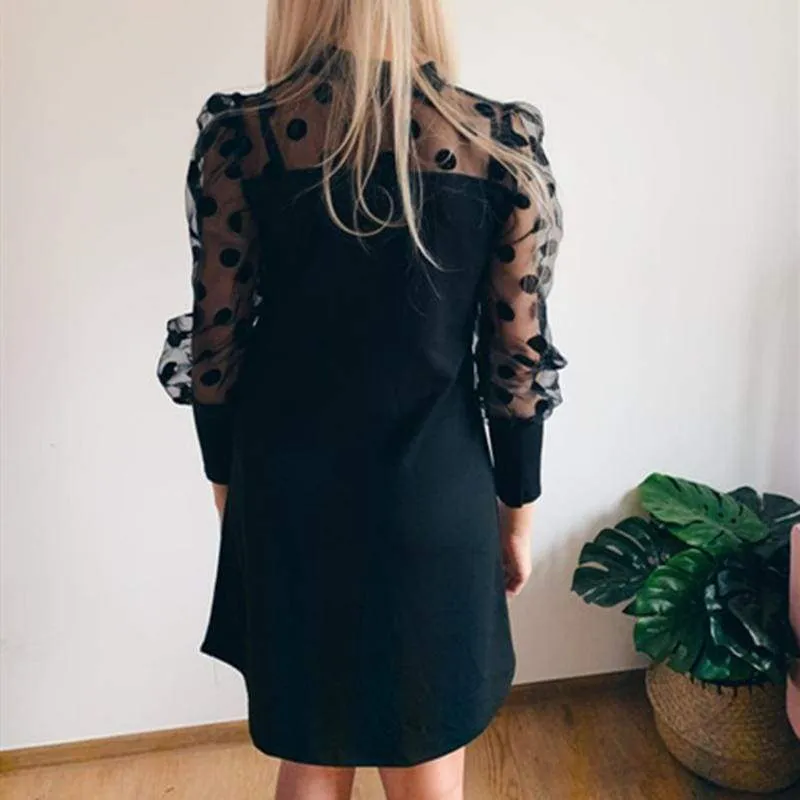 FashionSierra - Women Mesh Puff Polka Dot Long Sleeve Ribbed Dress Autumn Casual Ladies High Neck Bodycon Party Mini Dresses