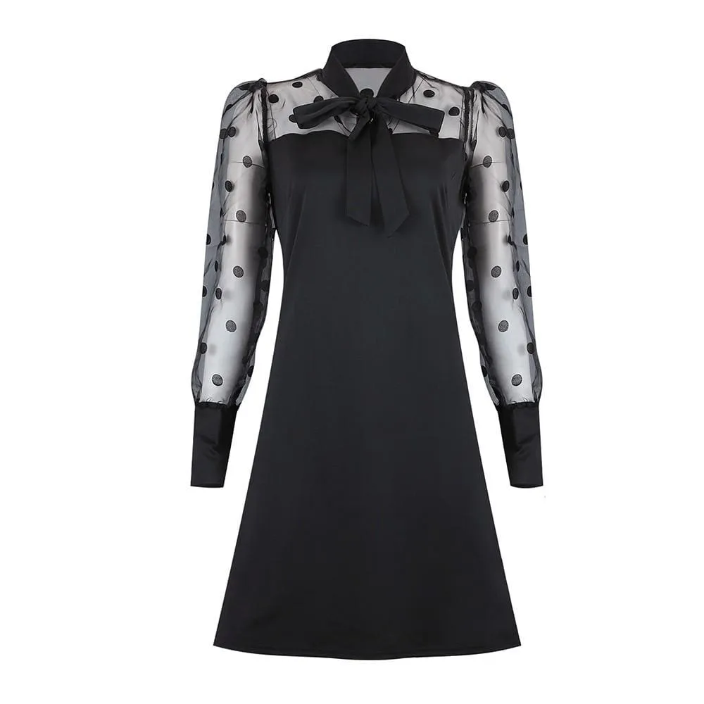 FashionSierra - Women Mesh Puff Polka Dot Long Sleeve Ribbed Dress Autumn Casual Ladies High Neck Bodycon Party Mini Dresses