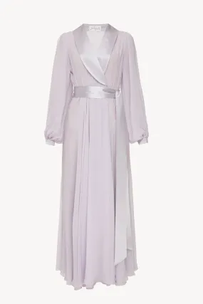 Floor length floaty chiffon wrap violet dress