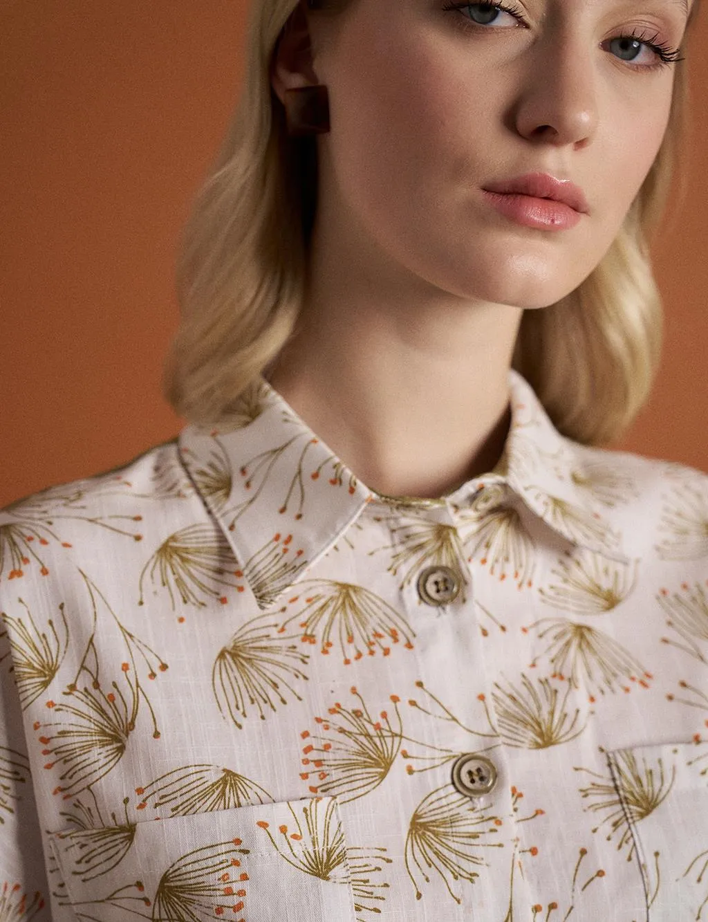 Floral Pattern Double Pocket Natural Fabric Tunic Olive-Optic White