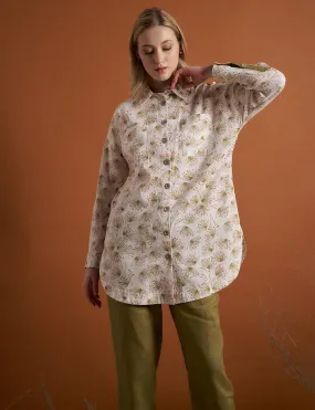 Floral Pattern Double Pocket Natural Fabric Tunic Olive-Optic White