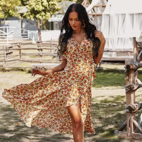 FLORAL V-NECK WRAP DRESS