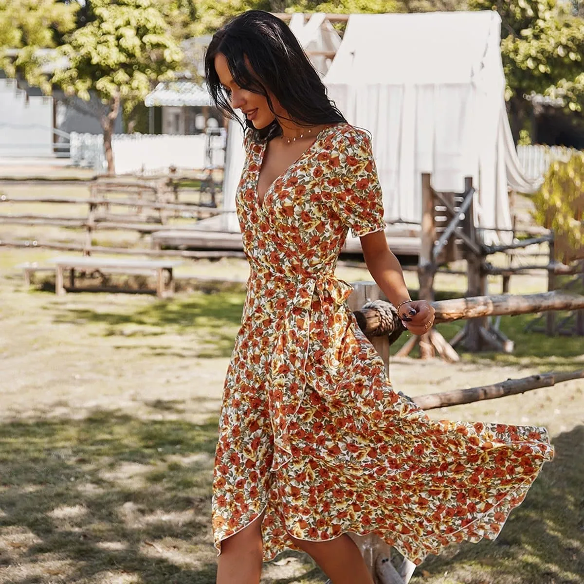 FLORAL V-NECK WRAP DRESS
