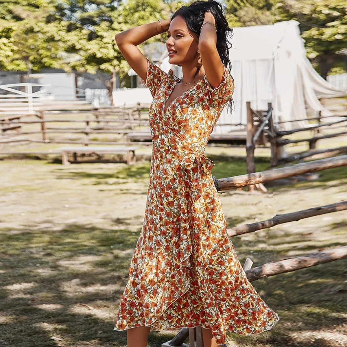 FLORAL V-NECK WRAP DRESS