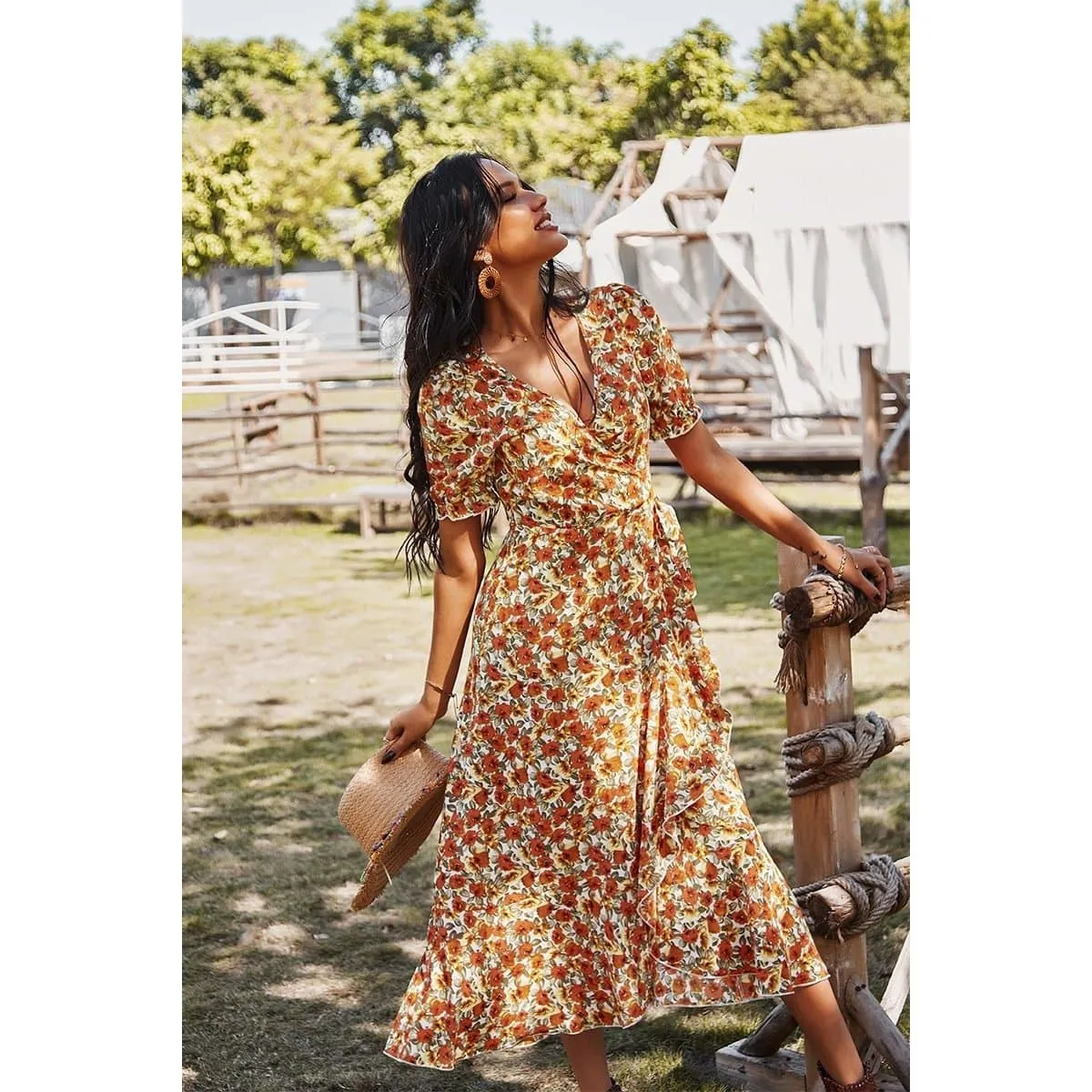 FLORAL V-NECK WRAP DRESS