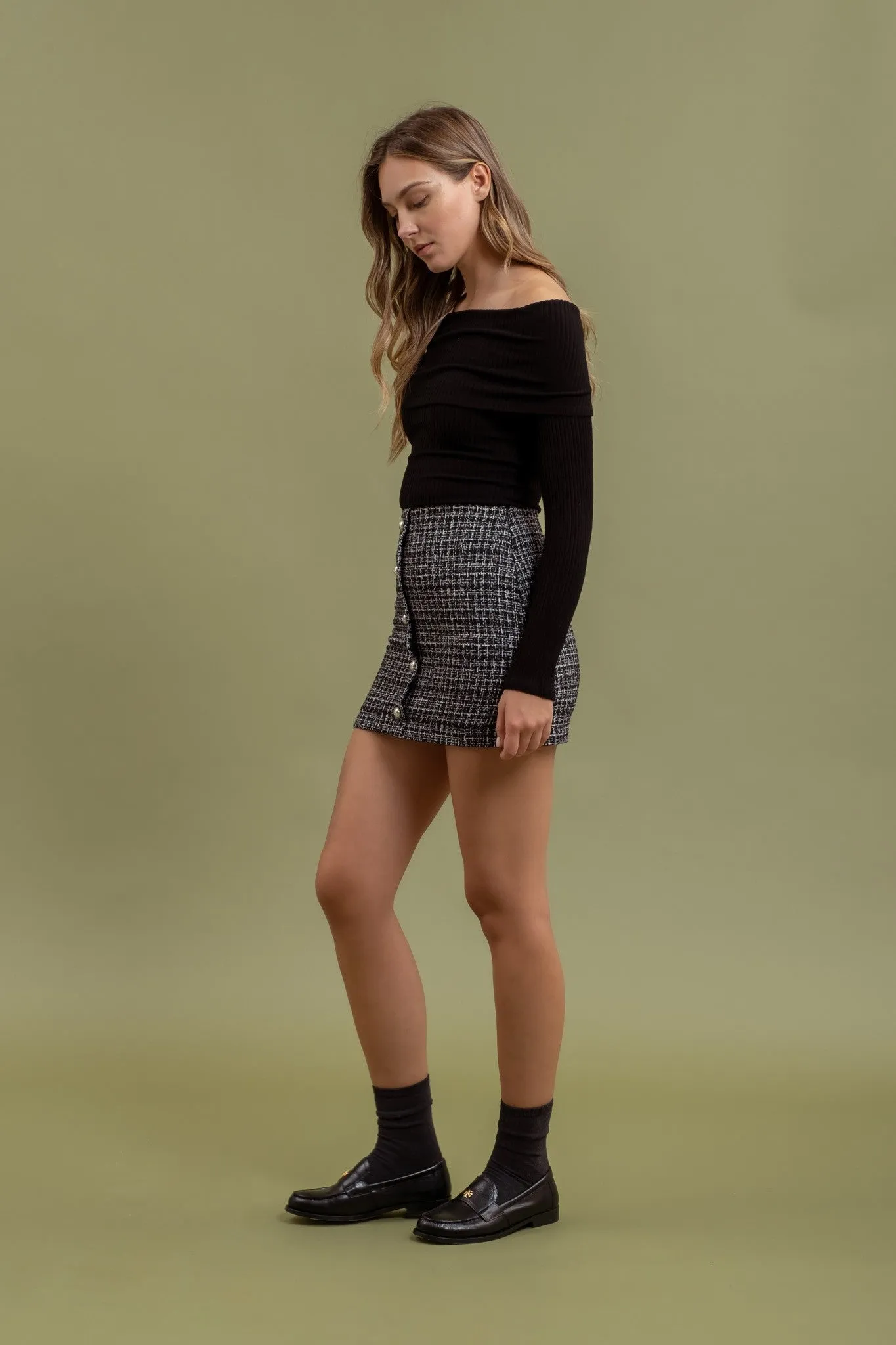 fold over off the shoulder ribbed knit top