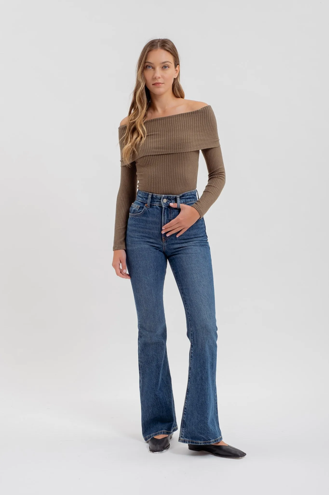 fold over off the shoulder ribbed knit top