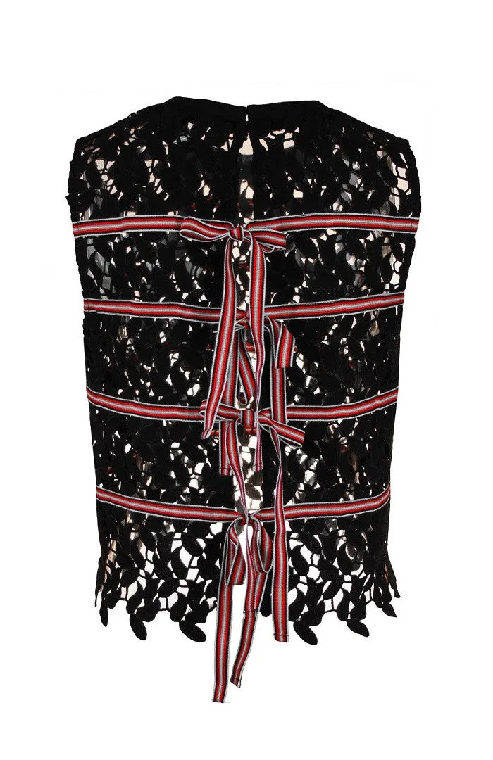 Game On Black Lace Top With Red Back Ribbons