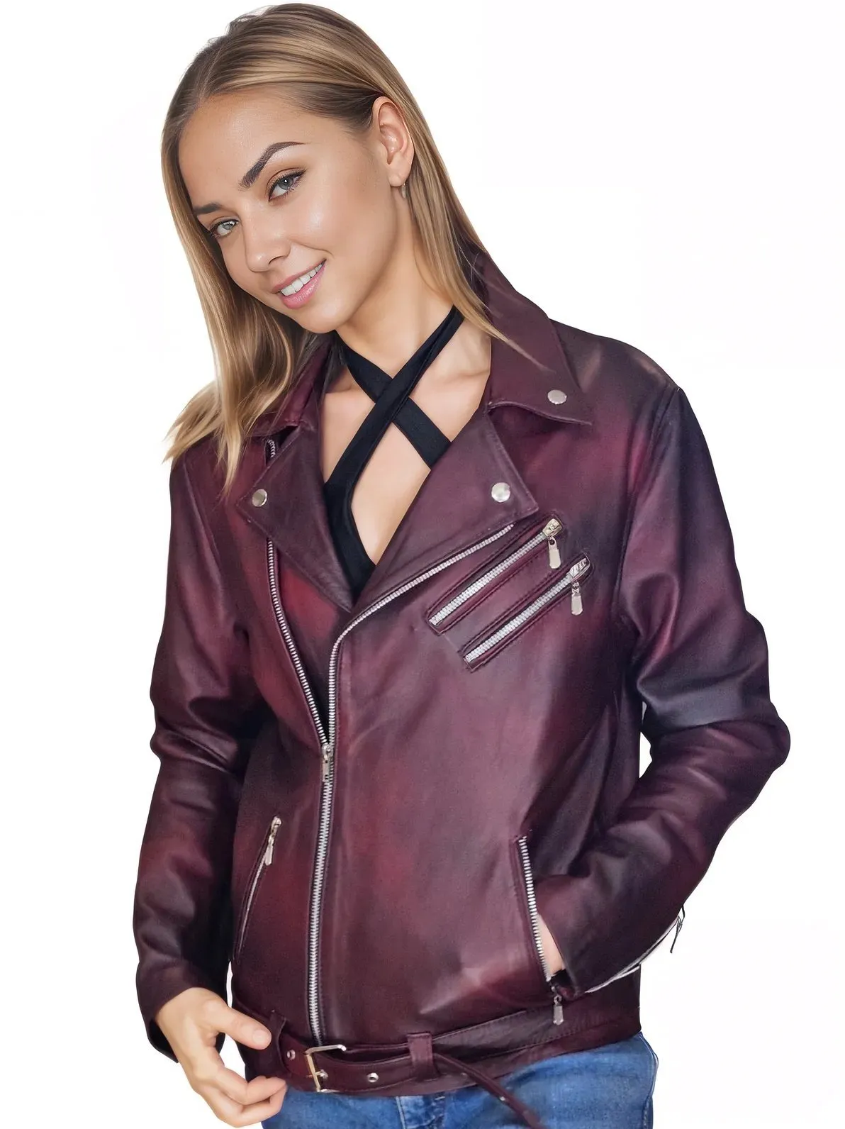 Handcrafted Women's Sheepskin Leather Biker Jacket – Premium Biker Style Burgundy