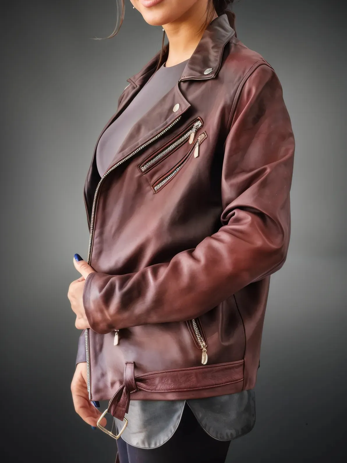 Handcrafted Women's Sheepskin Leather Biker Jacket – Premium Biker Style Burgundy