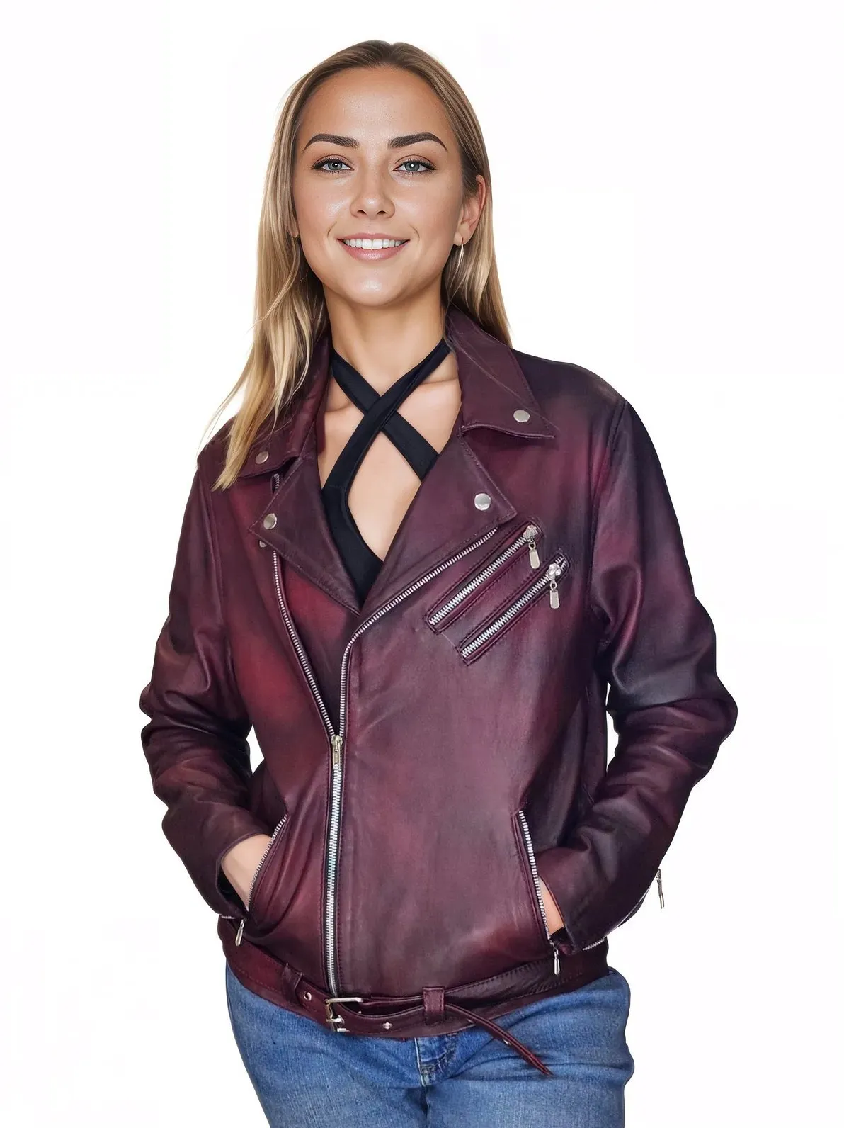 Handcrafted Women's Sheepskin Leather Biker Jacket – Premium Biker Style Burgundy