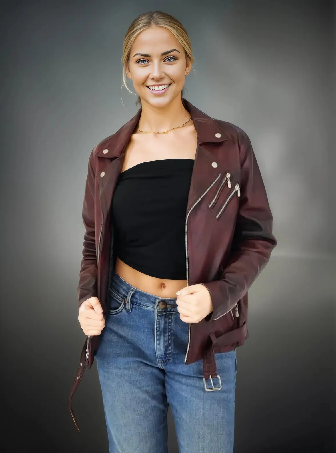 Handcrafted Women's Sheepskin Leather Biker Jacket – Premium Biker Style Burgundy