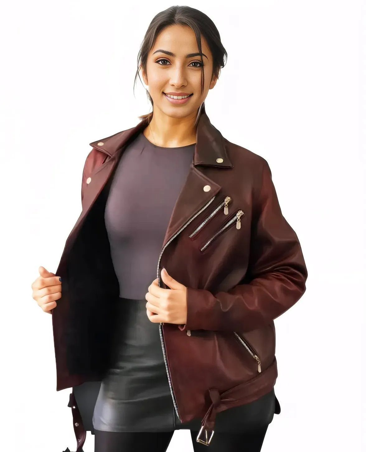 Handcrafted Women's Sheepskin Leather Biker Jacket – Premium Biker Style Burgundy