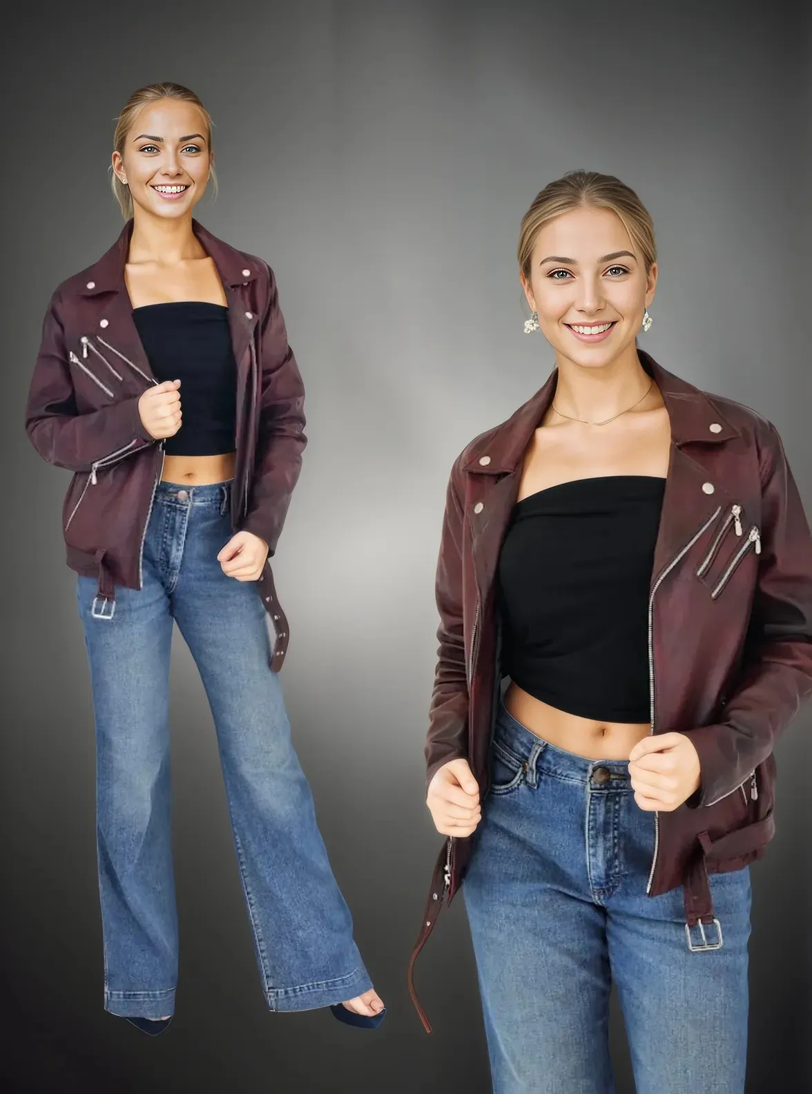 Handcrafted Women's Sheepskin Leather Biker Jacket – Premium Biker Style Burgundy