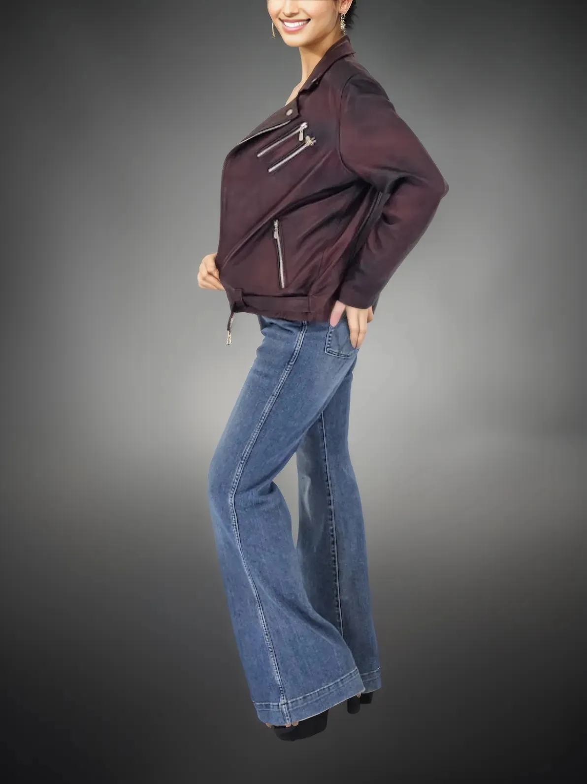 Handcrafted Women's Sheepskin Leather Biker Jacket – Premium Biker Style Burgundy