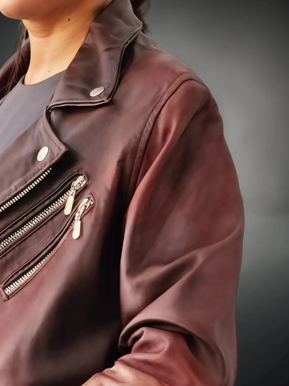 Handcrafted Women's Sheepskin Leather Biker Jacket – Premium Biker Style Burgundy
