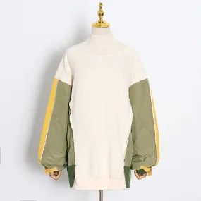 Hit Color Patchwork Loose Tops For Women Turtleneck Long Sleeve Casual Sweatshirt Female Fashion New Clothing Style