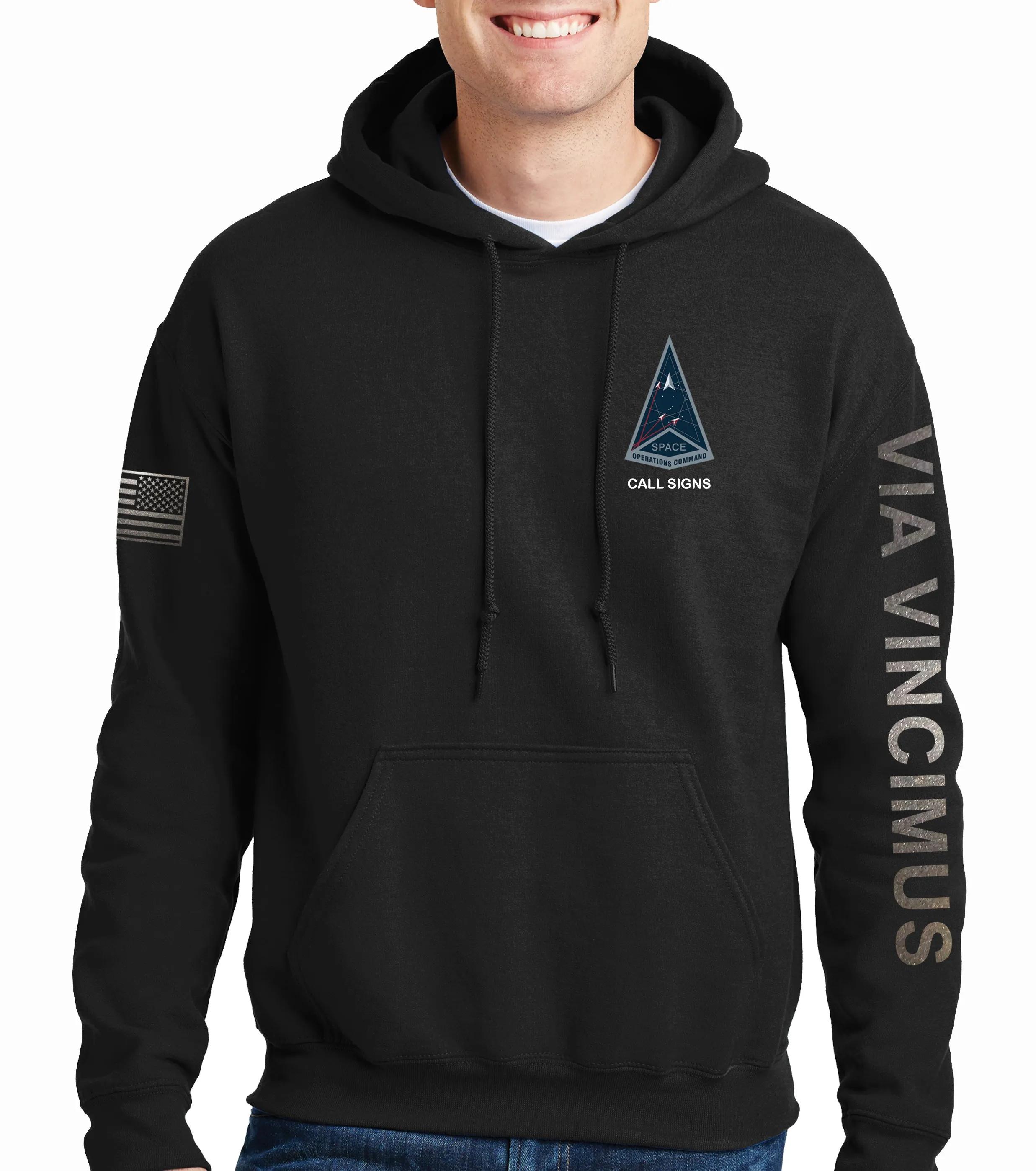Hoodie Black on Black Sweatshirt (Text Down Sleeve). This sweatshirt is NOT approved for PT.