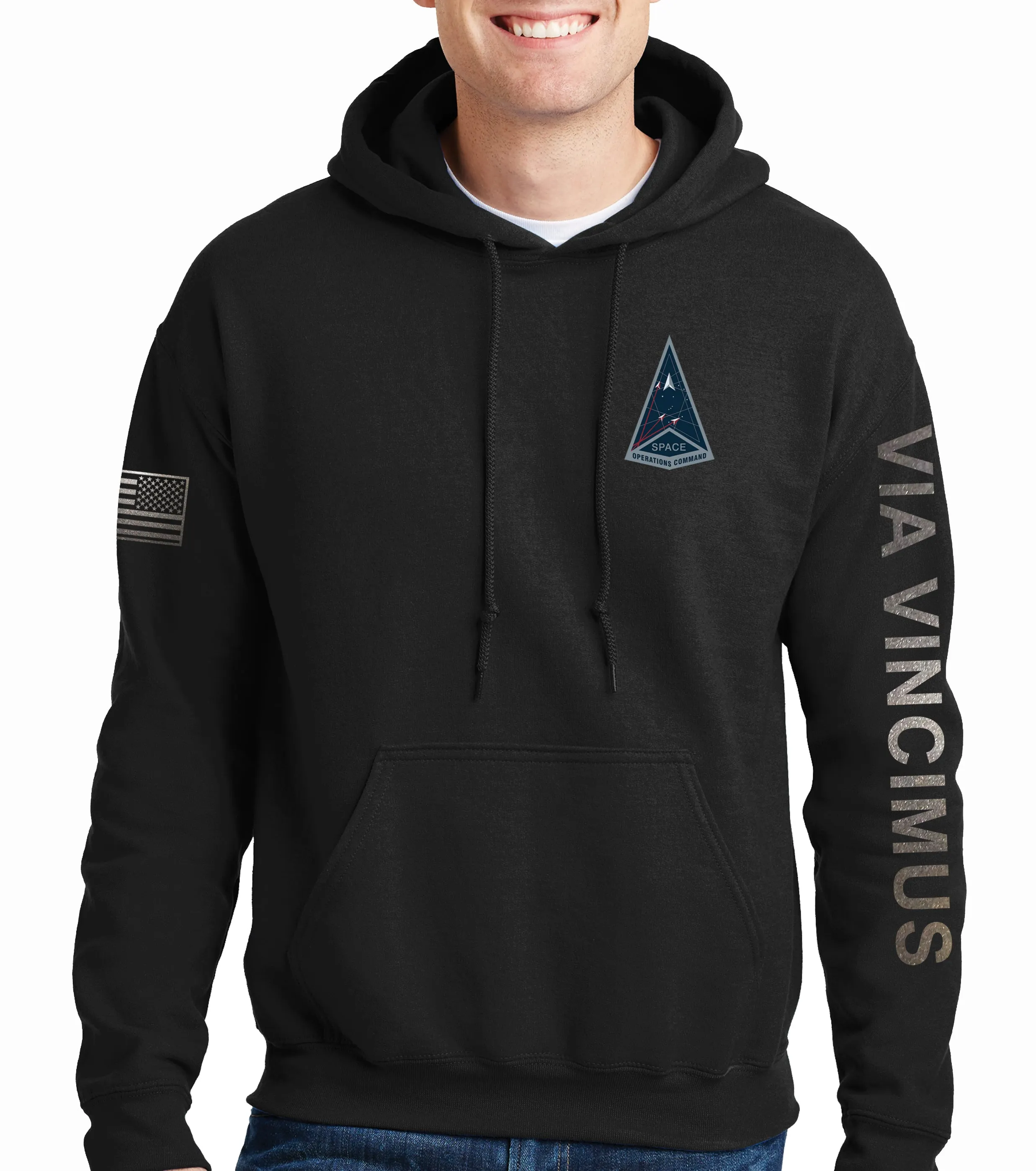 Hoodie Black on Black Sweatshirt (Text Down Sleeve). This sweatshirt is NOT approved for PT.