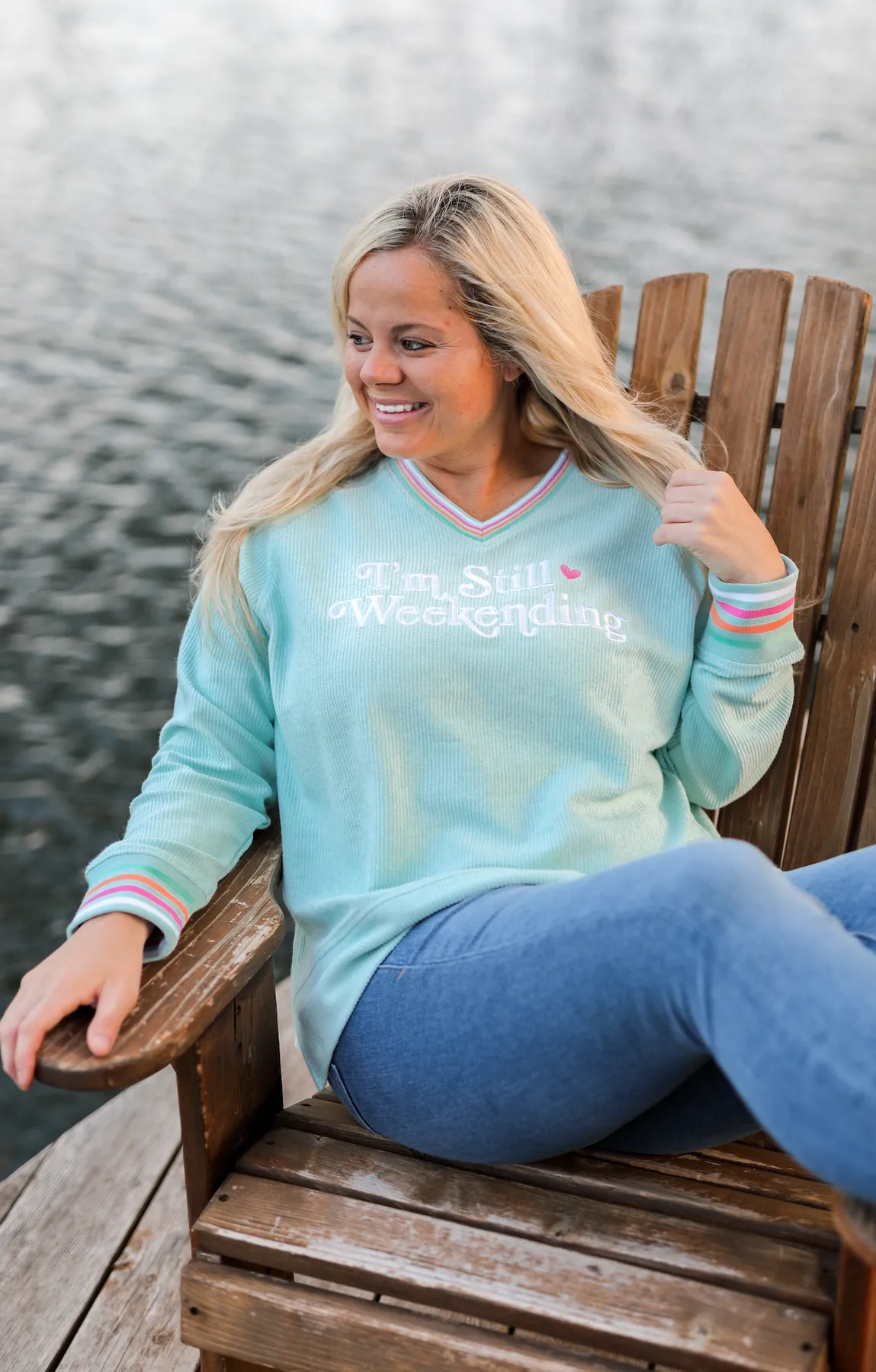 I'm Still Weekending Embroidery V Neck Corded Sweatshirt