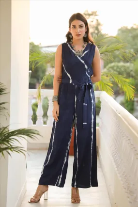 Indigo Rayon Dobby Shibori Jumpsuit With Belt Tie Up
