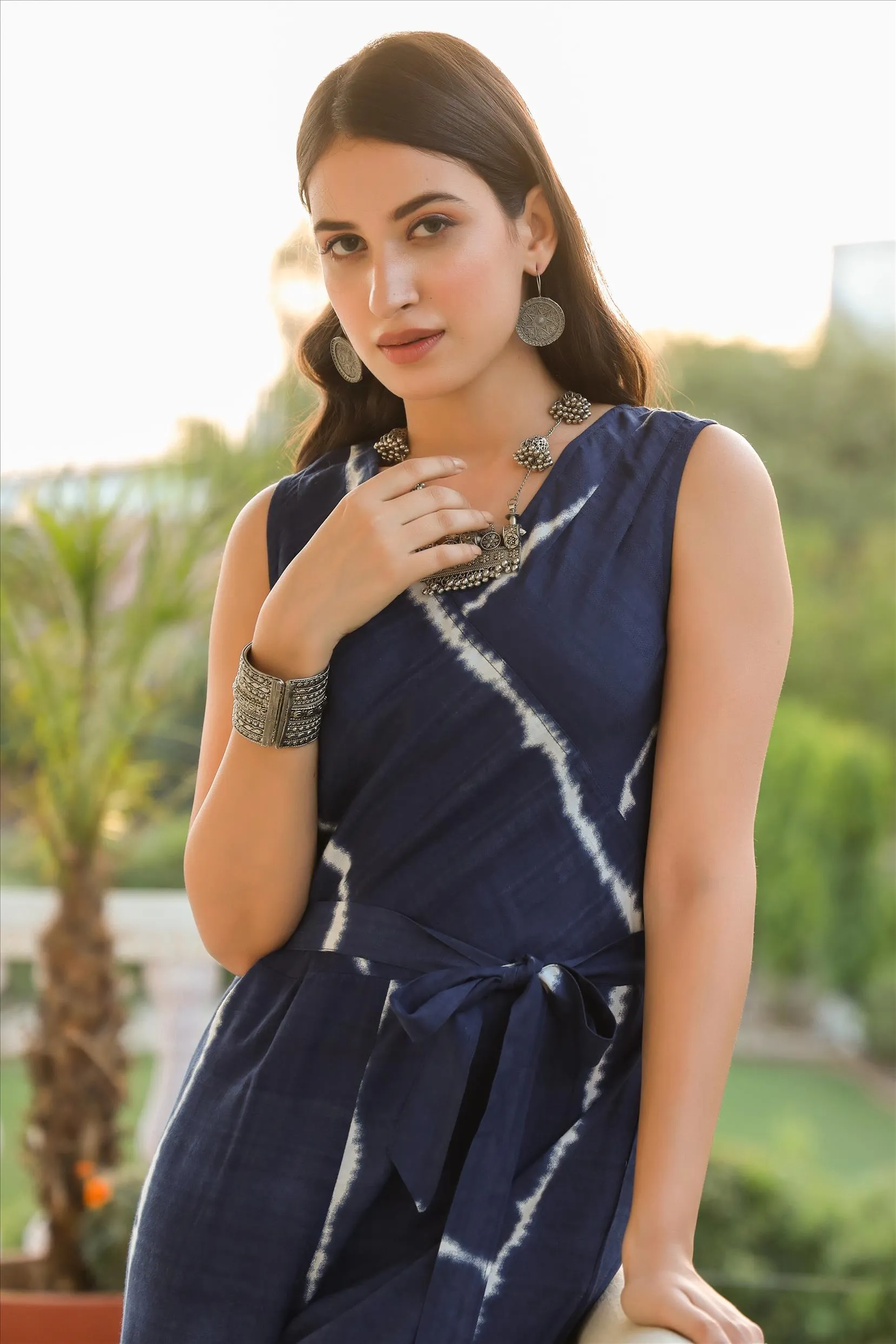 Indigo Rayon Dobby Shibori Jumpsuit With Belt Tie Up