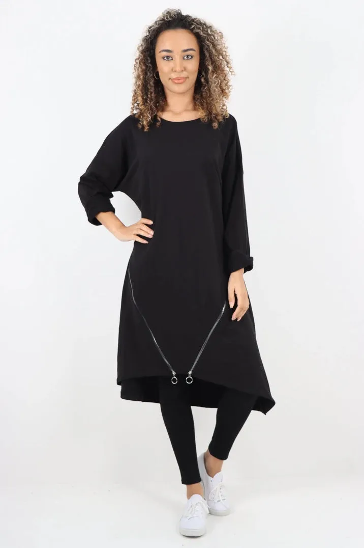 Italian Double Zip Detail Midi Dress Black