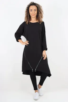Italian Double Zip Detail Midi Dress Black